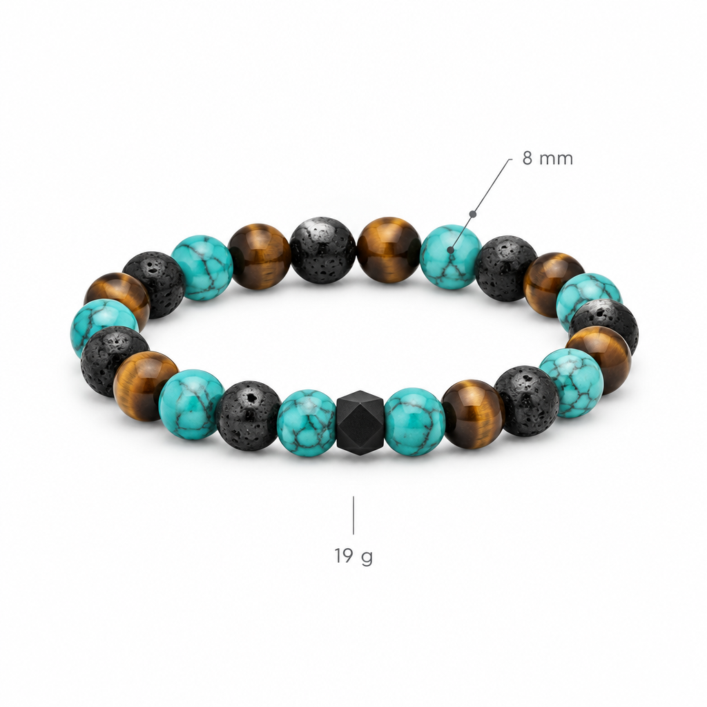 Bransoletka z turkusu howlitu i oka tygrysa, specyfikacja na bialym tle, 8 mm, 19 g