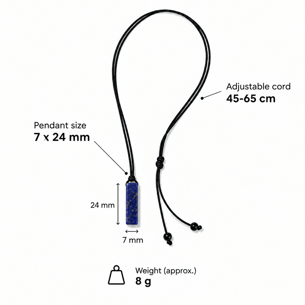Specyfikacja naszyjnika z lapis lazuli – wisiorek 7 × 24 mm, sznurek regulowany 45–65 cm, waga ok. 8 g