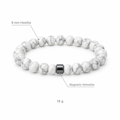 Bransoletka z bidego howlitu, specyfikacja na bialym tle, 8 mm Howlite, Magnetic Hematite, 18 g
