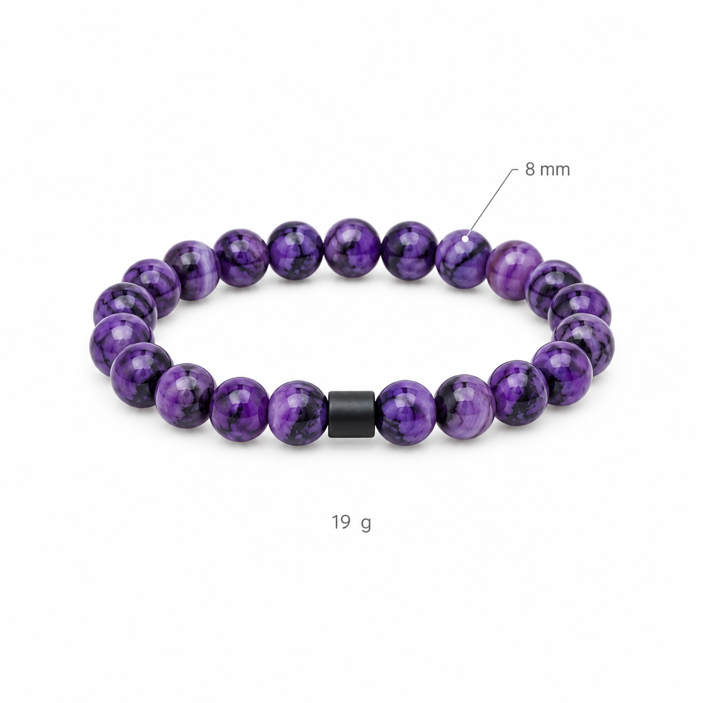 Bransoletka z fioletowego agatu, specyfikacja na bialym tle, 8 mm, 19 g