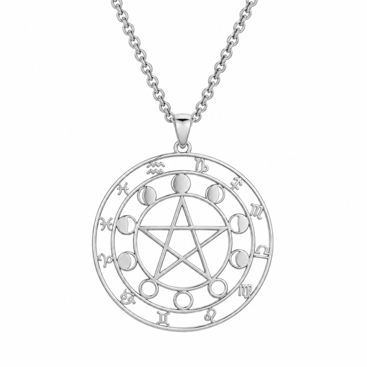 Srebrny naszyjnik z ażurowym medalionem z pentagramem, znakami zodiaku i fazami księżyca – produkt na białym tle