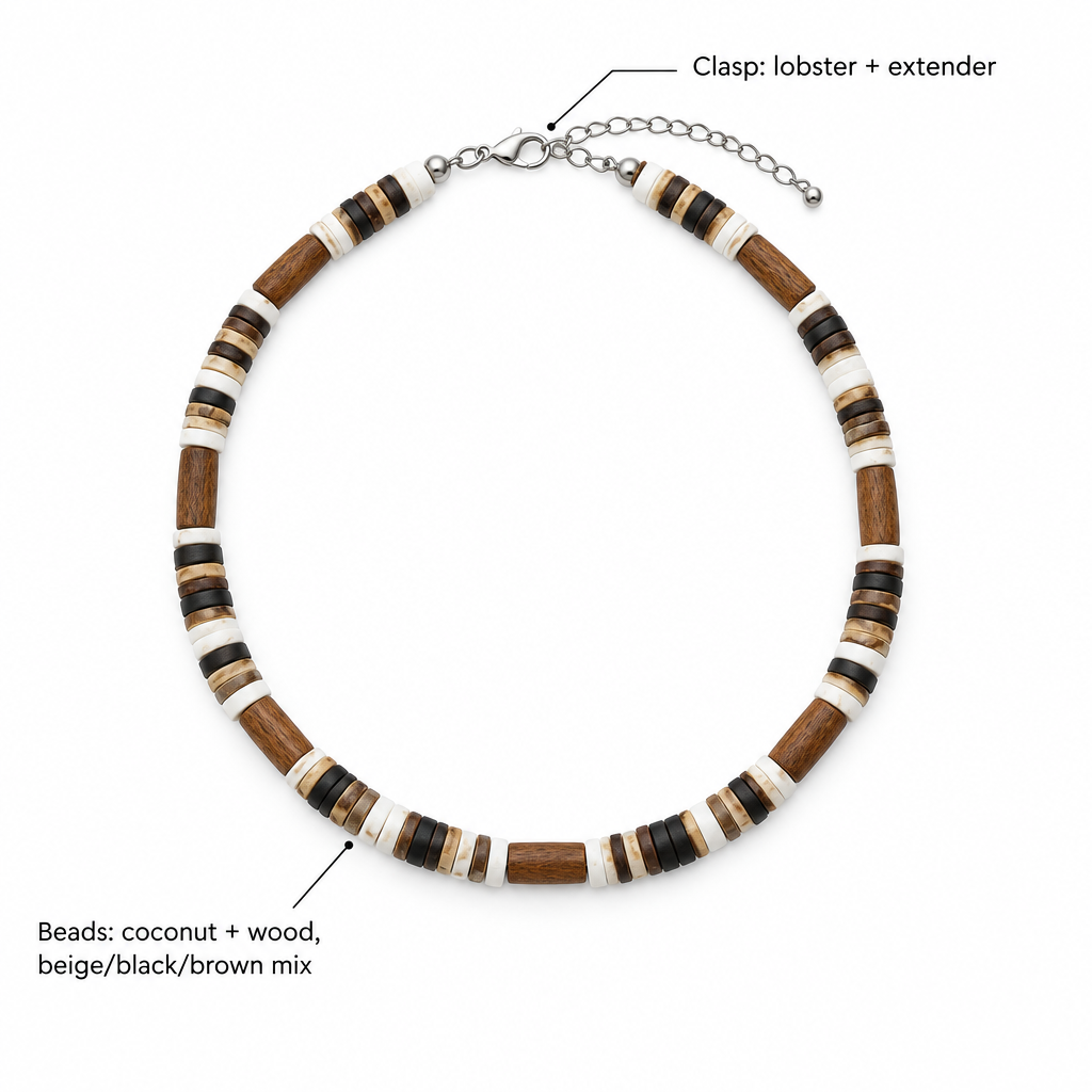 Specyfikacja naszyjnika – koraliki kokos + drewno, mix beż/czern/braz, zapięcie karabińczyk z przedwziewką