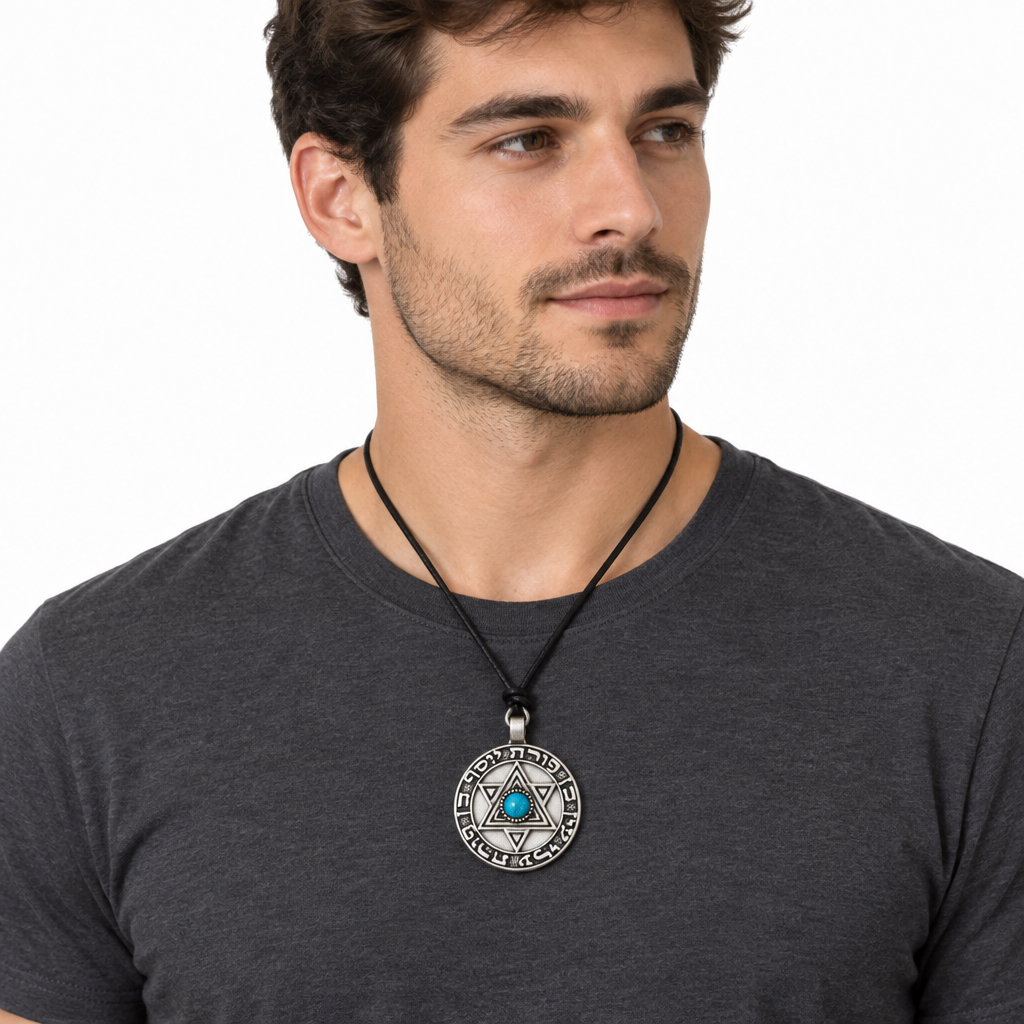 Naszyjnik z gwiazdą Dawida, turkusem i hebrajskimi runami na modelu – prezentacja przy szyi na białym tle