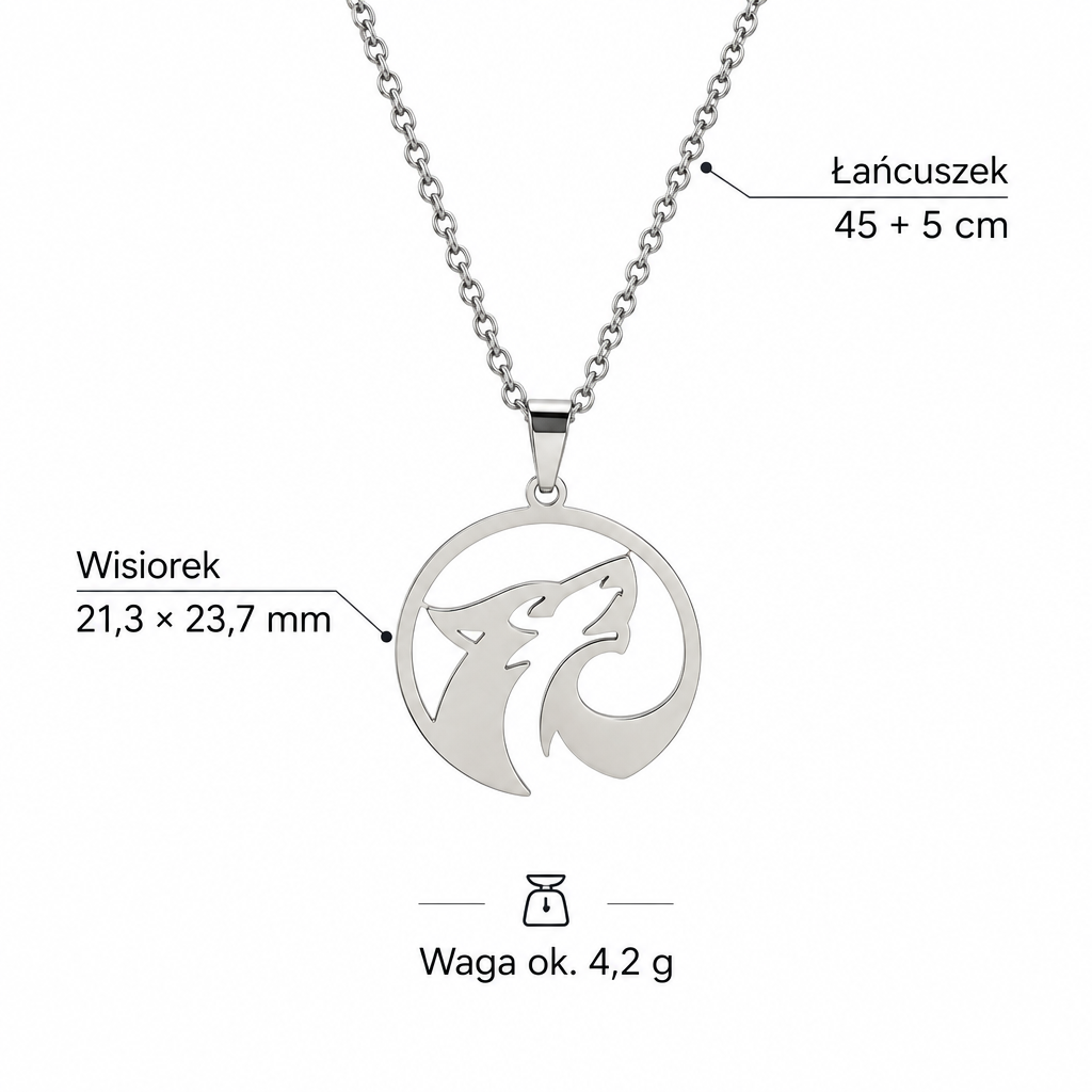 Specyfikacja naszyjnika z wilkiem – wisiorek 21,3 × 23,7 mm, łańcuszek 45 + 5 cm, waga ok. 4,2 g
