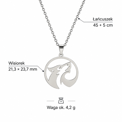 Specyfikacja naszyjnika z wilkiem – wisiorek 21,3 × 23,7 mm, łańcuszek 45 + 5 cm, waga ok. 4,2 g