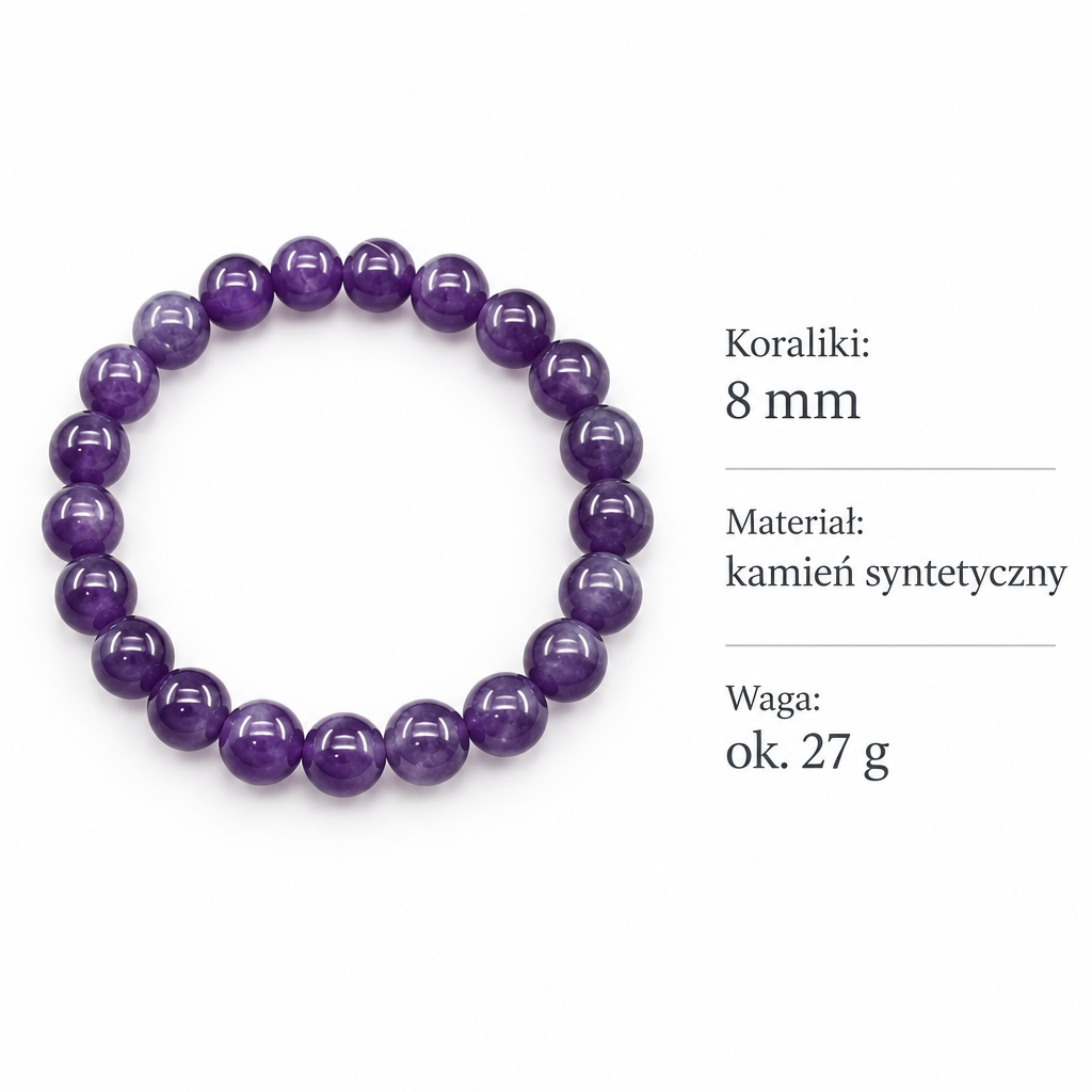 Specyfikacja bransoletki: koraliki 8 mm, materiał kamień syntetyczny, waga ok. 27 g – bransoletka z fioletowych koralików na białym tle