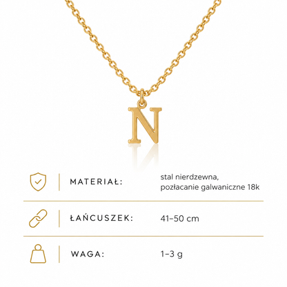 Specyfikacja złotego naszyjnika z literą N: łańcuszek 41–50 cm, waga 1–3 g