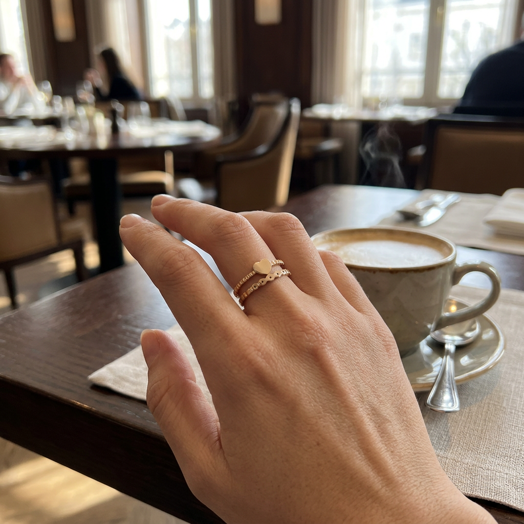 Jeden złoty fakturowany pierścionek na dłoni przy kawie w restauracji