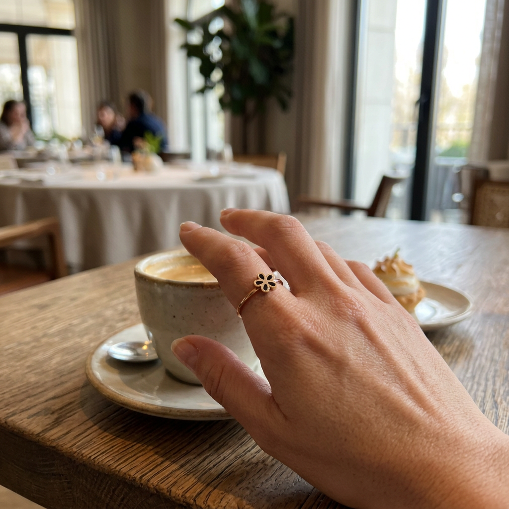 Jeden złoty pierścionek z czarnym kwiatkiem na dłoni przy kawie w restauracji