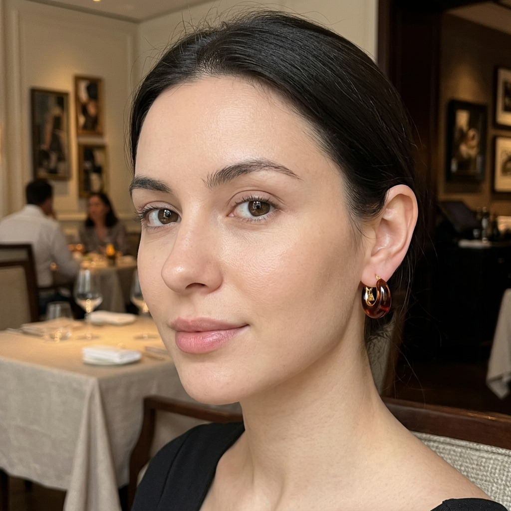 Modelka z całą widoczną twarzą i małym brązowym kolczykiem w restauracji
