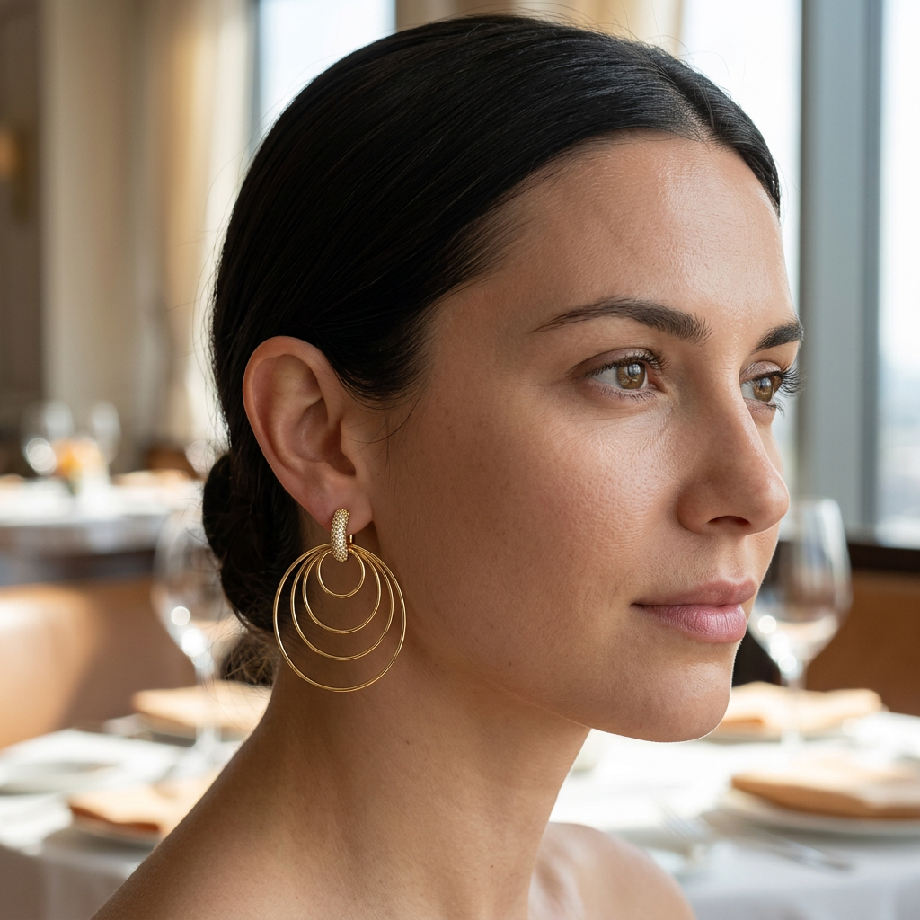 Modelka z kolczykiem z trzech cienkich obręczy w złotym kolorze w restauracji