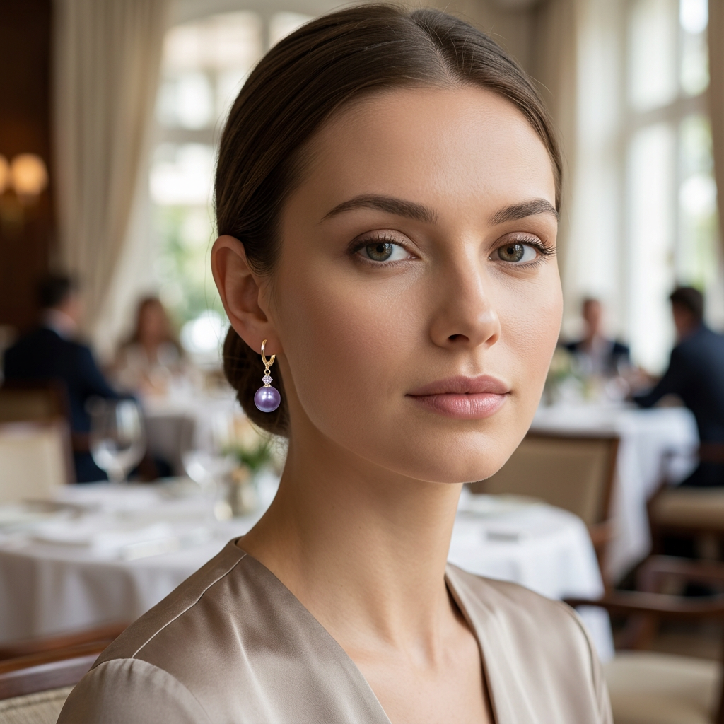 Modelka ze złotym kolczykiem z fioletowym kamieniem typu kocie oko w restauracji
